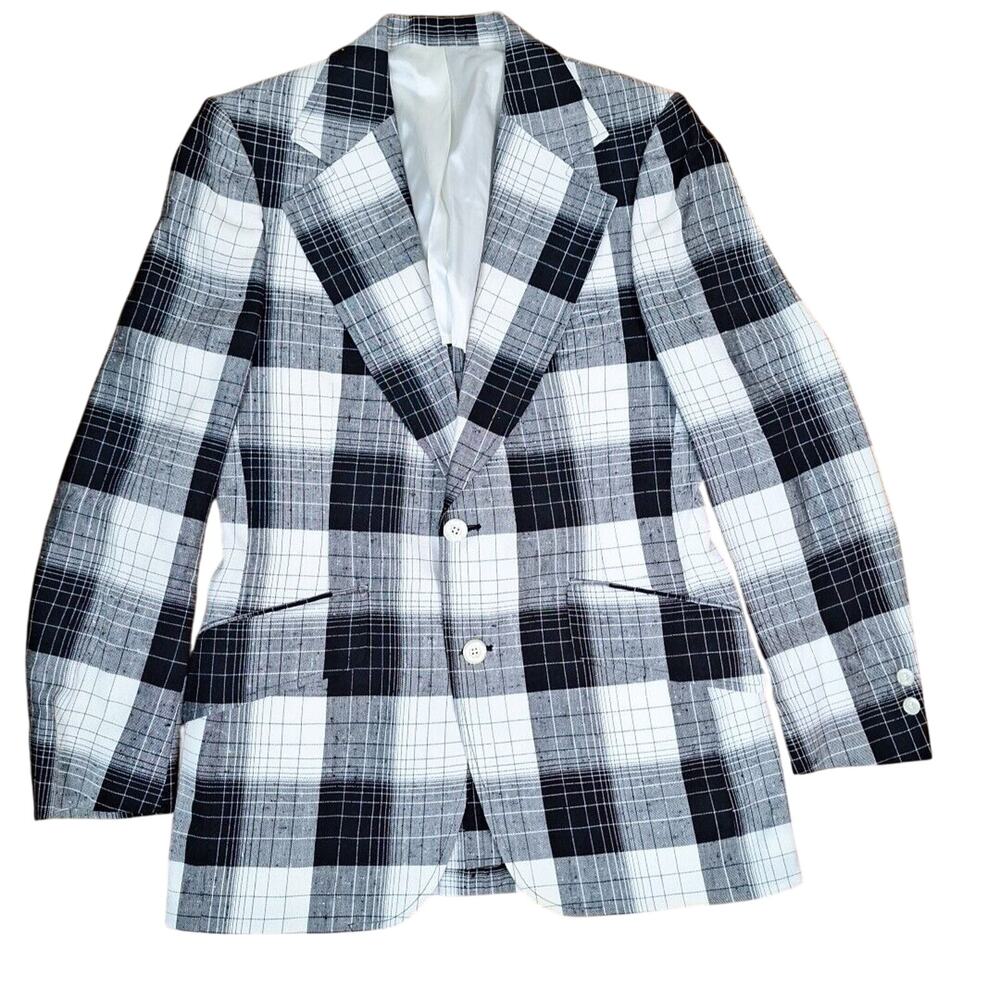 Vtg 60s/70s Black White Plaid Double Vent Mod Fat Lapel Sport Coat Blazer Men 36 - Picture 9 of 10